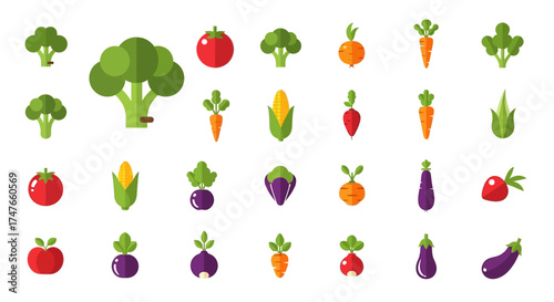 Diverse vegetable flat icons illustrating a vibrant and healthy selection of crops