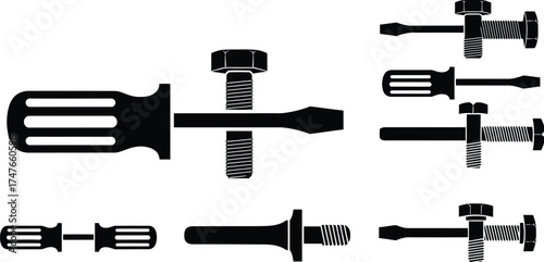Set of black and vector illustrations of screwdrivers and bolts perfect for diy projects