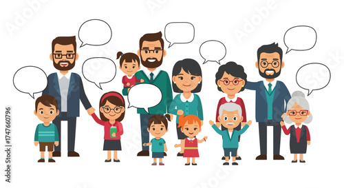 Diverse multigenerational family illustration with speech bubbles representing communication and