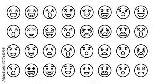 Diverse array of stylized emoticons depicting a broad spectrum of human emotions portrayed on a
