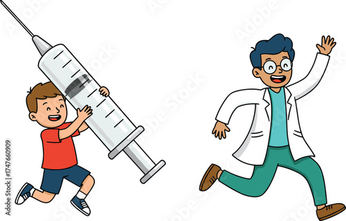 Funny cartoon boy with giant syringe chasing doctor, medical humor scene, vaccination concept, kids illustration, CAD drawing flat vector illustration