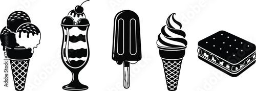 Black and ice cream sundae, milkshake, popsicle, cone, sandwich