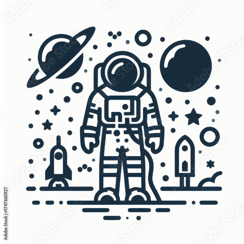 Bold line art illustration of an astronaut in a spacesuit.
