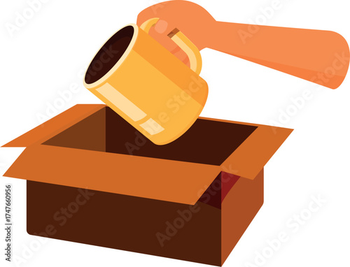 Hand carefully placing yellow mug into open cardboard box, preparing for relocation or storage