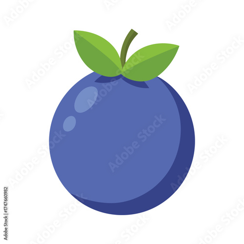 Simple cartoon illustration of a single ripe blueberry with green leaves and stem