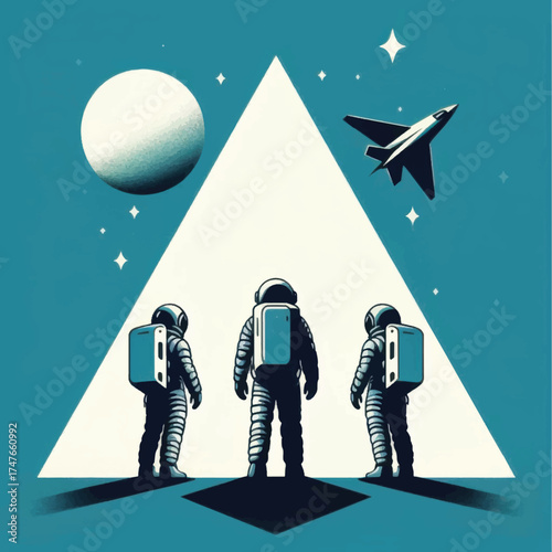 Three astronauts in spacesuits standing together as a team.