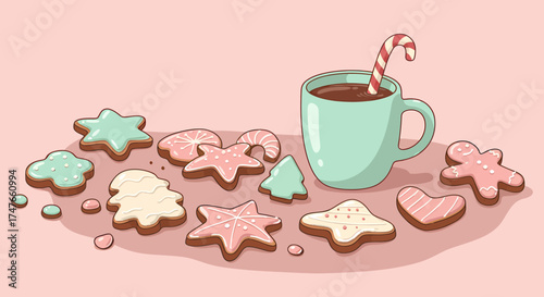 Delightful Christmas cookies and hot chocolate with a candy cane bring festive cheer to your home during the cozy winter season with sweet holiday treats
