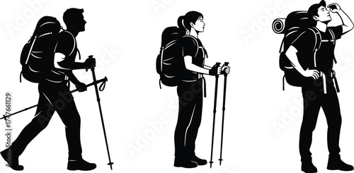 Silhouette of hiker man and woman with backpack and trekking pole