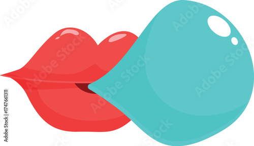 Cartoon illustration of red lips blowing a big turquoise bubblegum bubble