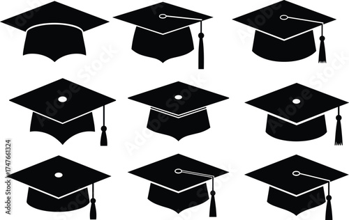 Graduation cap icon set, black mortarboards, tassel variations, academic ceremony symbols, education celebration design
