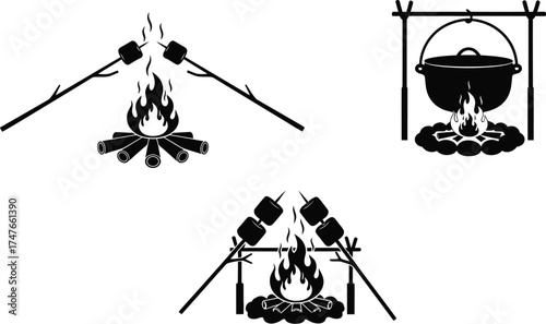 Silhouette of campfire cooking vector illustration, featuring marshmallow roasting and pot hanging