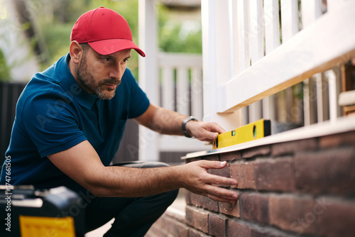 Obraz na plátně Mid adult repairman examining porch wall with level.