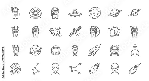 Outer Space Line Art Icon Set Astronauts Planets Spaceships and Extraterrestrial Beings