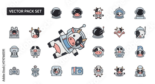 Cartoon vector illustration set featuring cows dressed as astronauts, perfect for kids designs