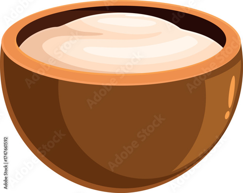 Wooden bowl containing a dairy product such as sour cream, yogurt, or creme fraiche, creating a tempting image for food and cooking projects