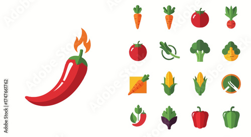 Flat Design Vegetable Set Featuring Red Chili Pepper with Flames Iconography and Modern Style