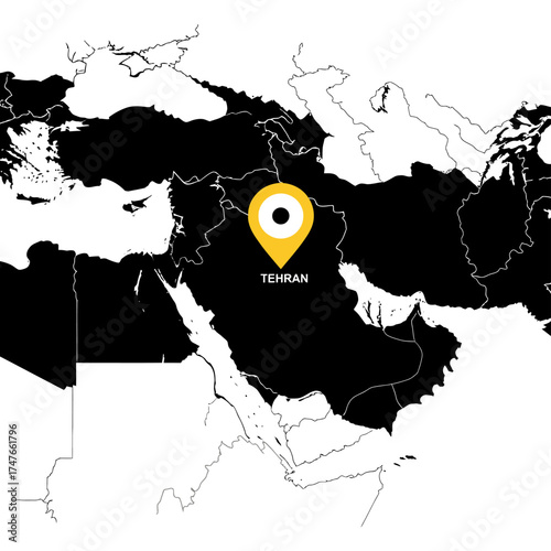 Tehran's strategic location depicted on a minimalist middle eastern map design for geography and