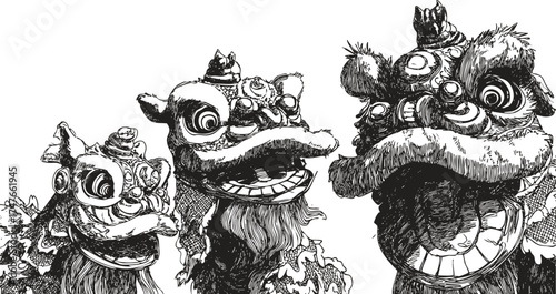 Hand drawn black pen line illustration of traditional Chinese lion dance masks with detailed textures and expressive faces.