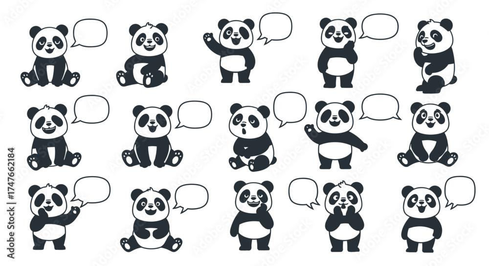 Obraz premium Cute Panda Bear Character Cartoon Set with Speech Bubbles for Educational Purposes