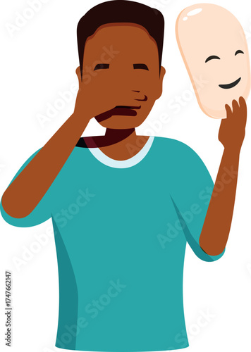Sad black boy hiding sadness behind a happy mask covering his face