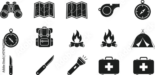 Set of camping equipment for outdoor adventure and survival in wilderness