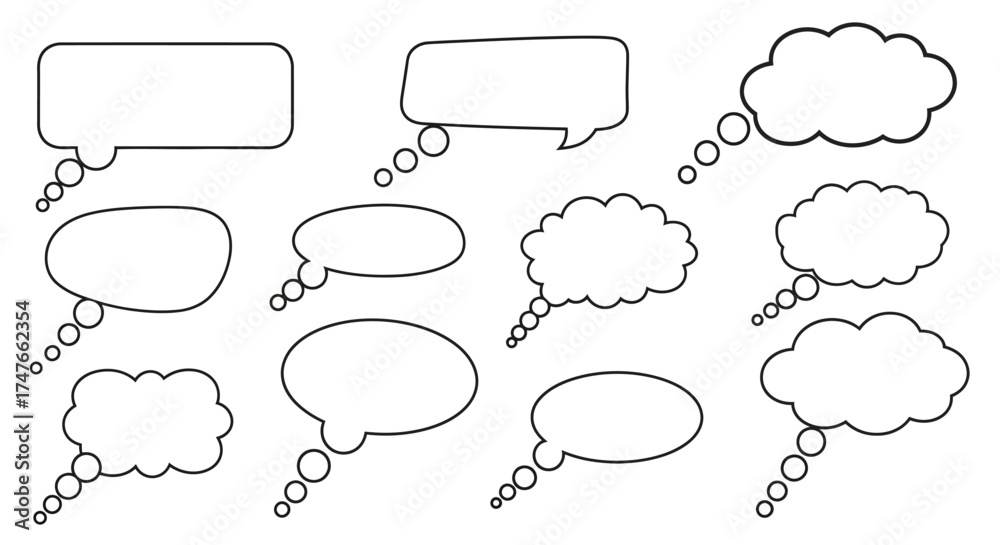 Fototapeta premium Monochrome display of diverse speech bubbles with creative outlines for innovative communication
