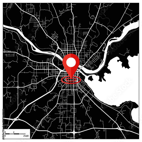 Stylized urban landscape with central location pinpointed and contrasting color palette