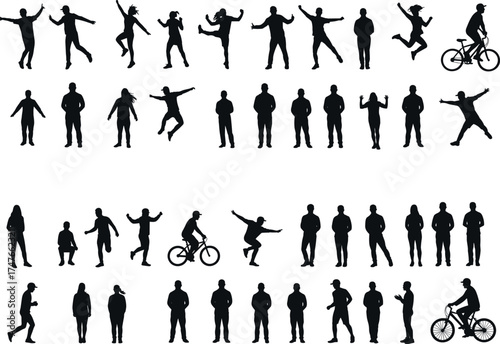 Human silhouette bundle, dynamic poses, walking, dancing, cycling, jumping, expressive movement, black figures, body gestures, activity icons, motion study, urban actions