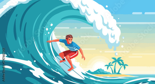 Young Man Surfing a Giant Wave in the Ocean.