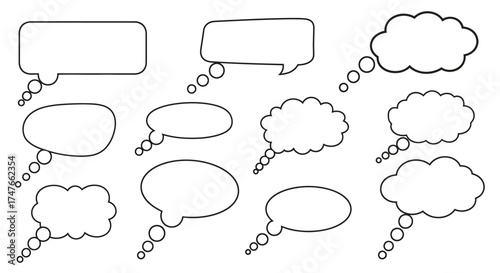 Monochrome display of diverse speech bubbles with creative outlines for innovative communication