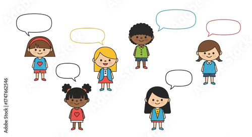 Diverse children characters with empty speech bubbles offer space for dialogue and messages