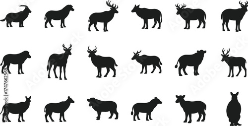 Collection of elk silhouette different poses of moose, deer, mammal animal with antler
