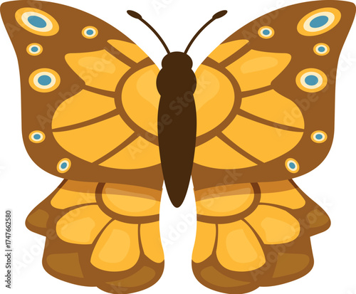Yellow and brown butterfly with blue dots flying, spreading its wings and showing all its beauty