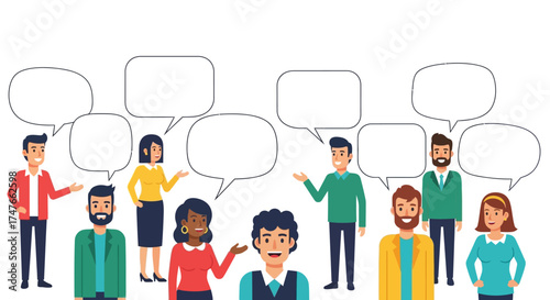 Diverse group discussion with speech bubbles offering dialogue possibilities for content filling