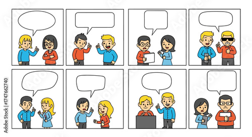 Comic strip layout depicting characters in conversation, using speech bubbles for creative