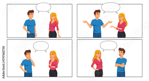 Visual storytelling a man and a woman in sequential comic panels expressing dialogue and emotions