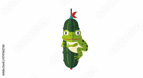 Humorous amphibian illustration showing a frog climbing a giant pickle with a flag