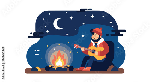 Man Playing Guitar by Campfire Under Starry Night Sky.