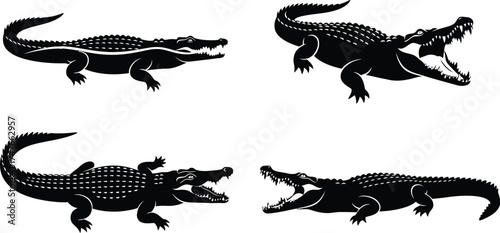 Collection of crocodile silhouettes in various poses, including swimming, basking and snapping