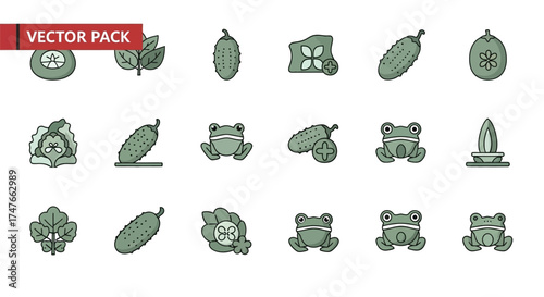 Illustrated icons pack featuring vegetables like cucumbers and cute frog characters in a