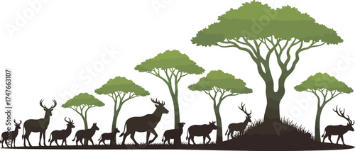 A serene silhouette of deer grazing under acacia trees, capturing beauty of african savanna