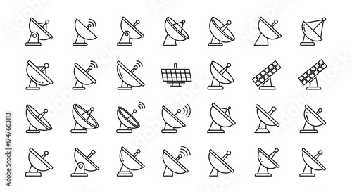 Communication network elements: collection of linear antenna and solar panels icons