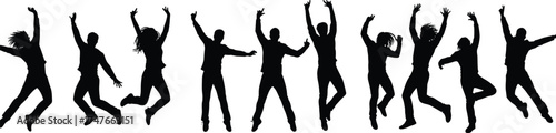 Jumping silhouettes, dancing figures, expressive poses, celebration, joy, motion, energy, freedom, vector illustration, black, white, action, movement