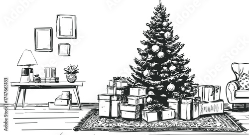 Hand drawn Christmas interior with decorated tree and gift boxes. Pencil vector cozy line art sketch in vintage style.