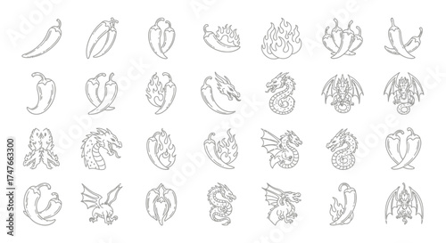 Line art illustrations showcasing chili peppers combined with dragon motifs for diverse design