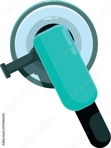 Turquoise angle grinder with grey cutting disc rotating at high speed, power tool for metalworking and construction