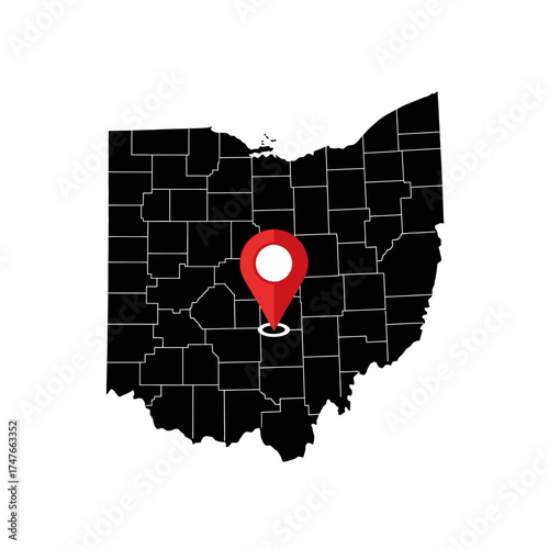 Minimalist map of Ohio with central location pin, emphasizing geography and regions of state