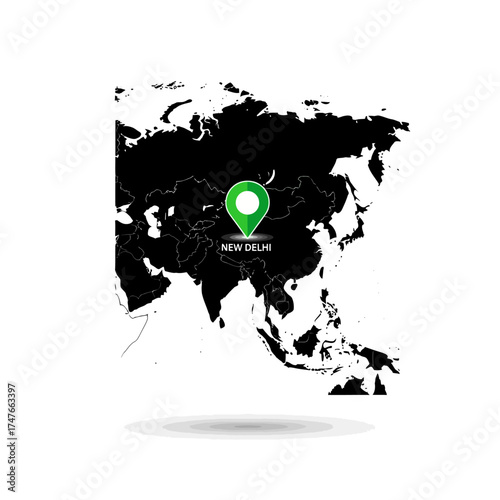 Geographic representation of Asia with a green pointer focused on New Delhi location