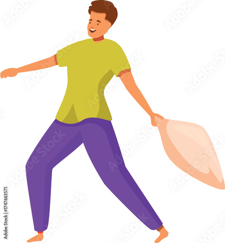 Cheerful boy having fun, running with pillow, playing pillow fight game at home or slumber party