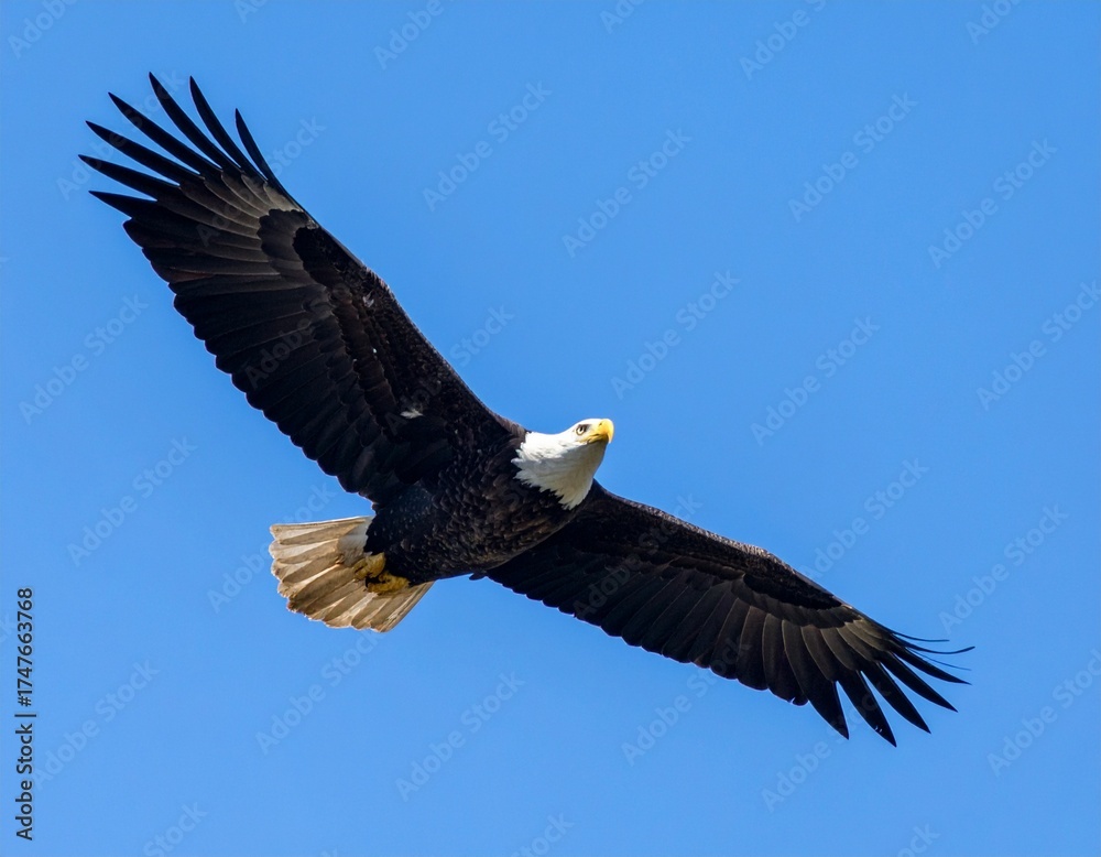 Naklejka premium Bald Eagle with Open Wings Flying in Blue Sky for Premium Bird Object and Wildlife Concept